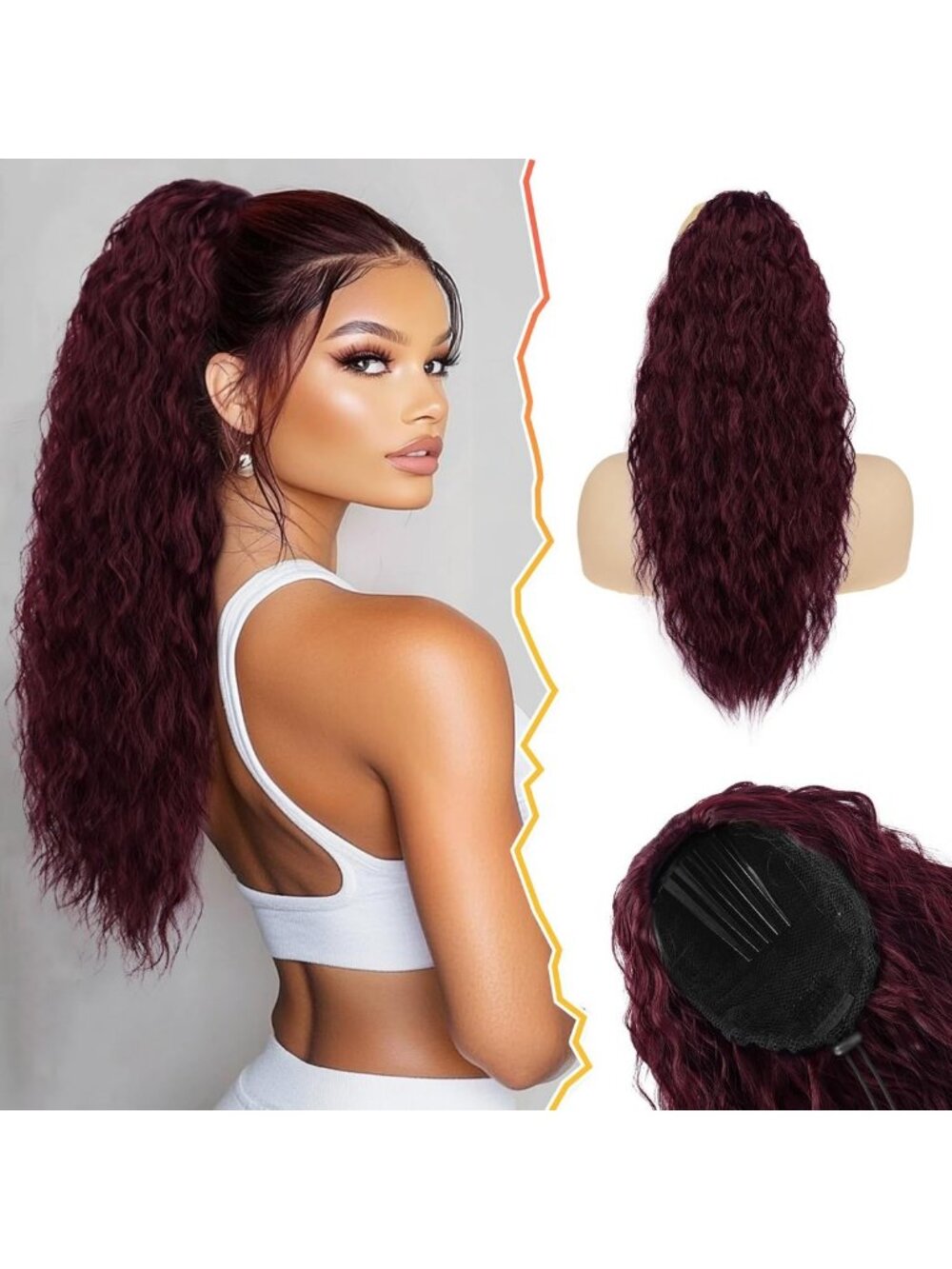 22" Burgundy Curly Drawstring Ponytail Extension - Wavy Synthetic Hairpiece for
